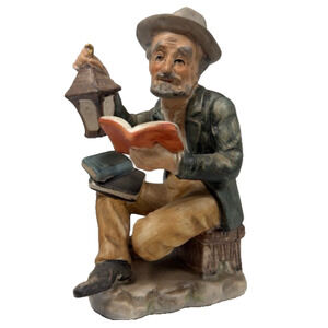 Norleans Japan Porcelain Figurines Old Man Reading by Lantern Vintage